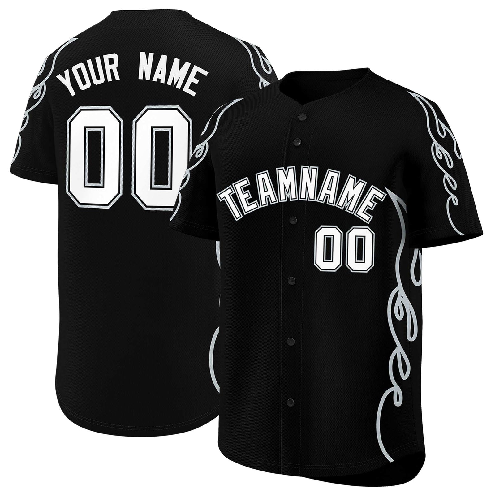 Custom Black Silver Side Flame Outline Pattern Sports Uniform Basetball Jersey