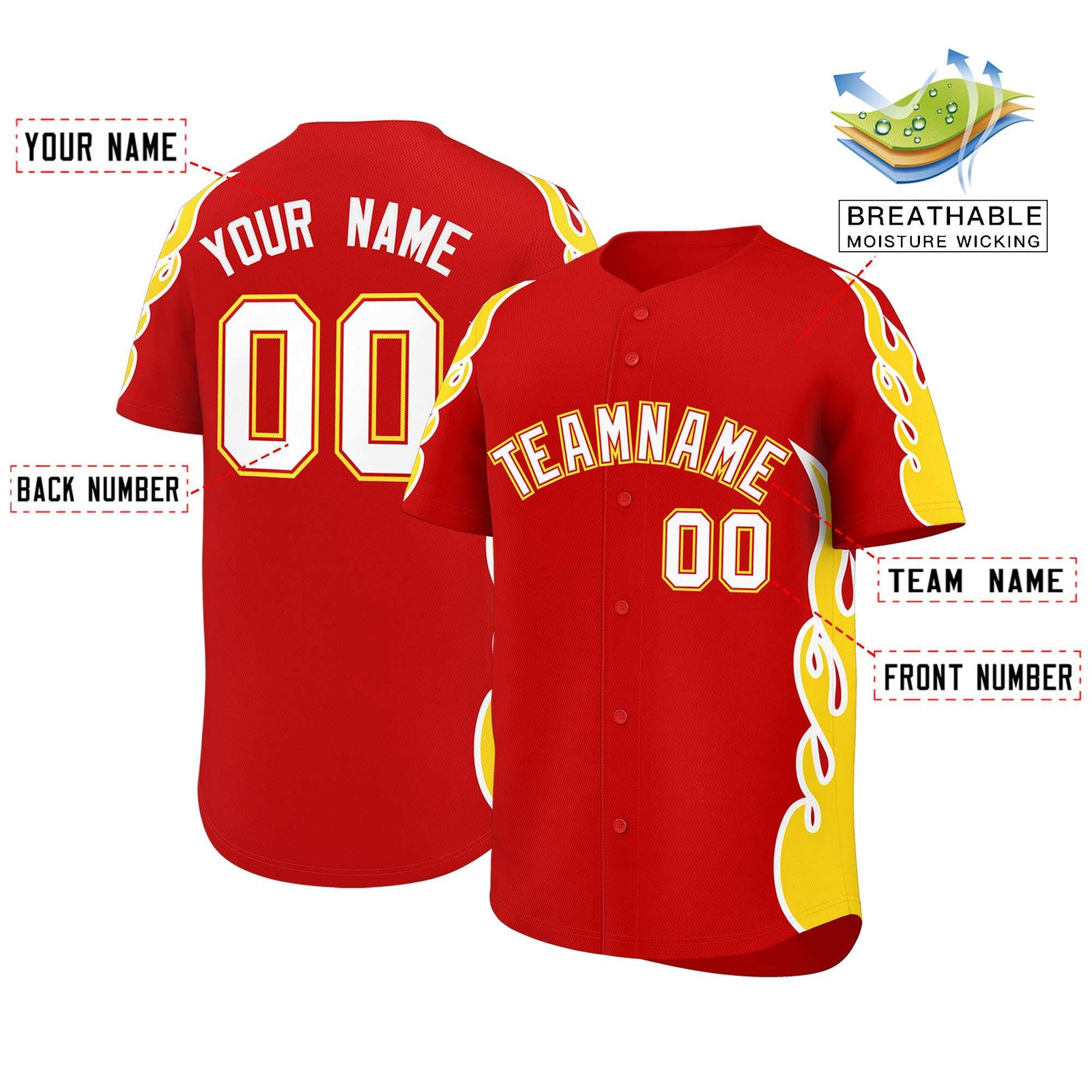 Custom Red Gold Side Flame Outline Pattern Sports Uniform Basetball Jersey