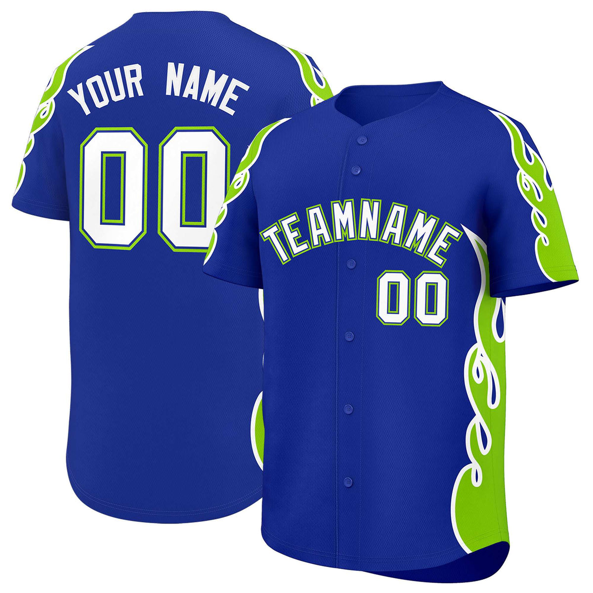 Custom Royal Neon Green Side Flame Outline Pattern Sports Uniform Basetball Jersey