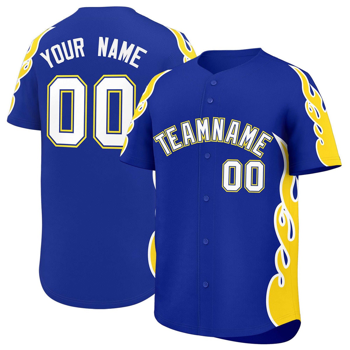 Custom Royal Gold Side Flame Outline Pattern Sports Uniform Basetball Jersey