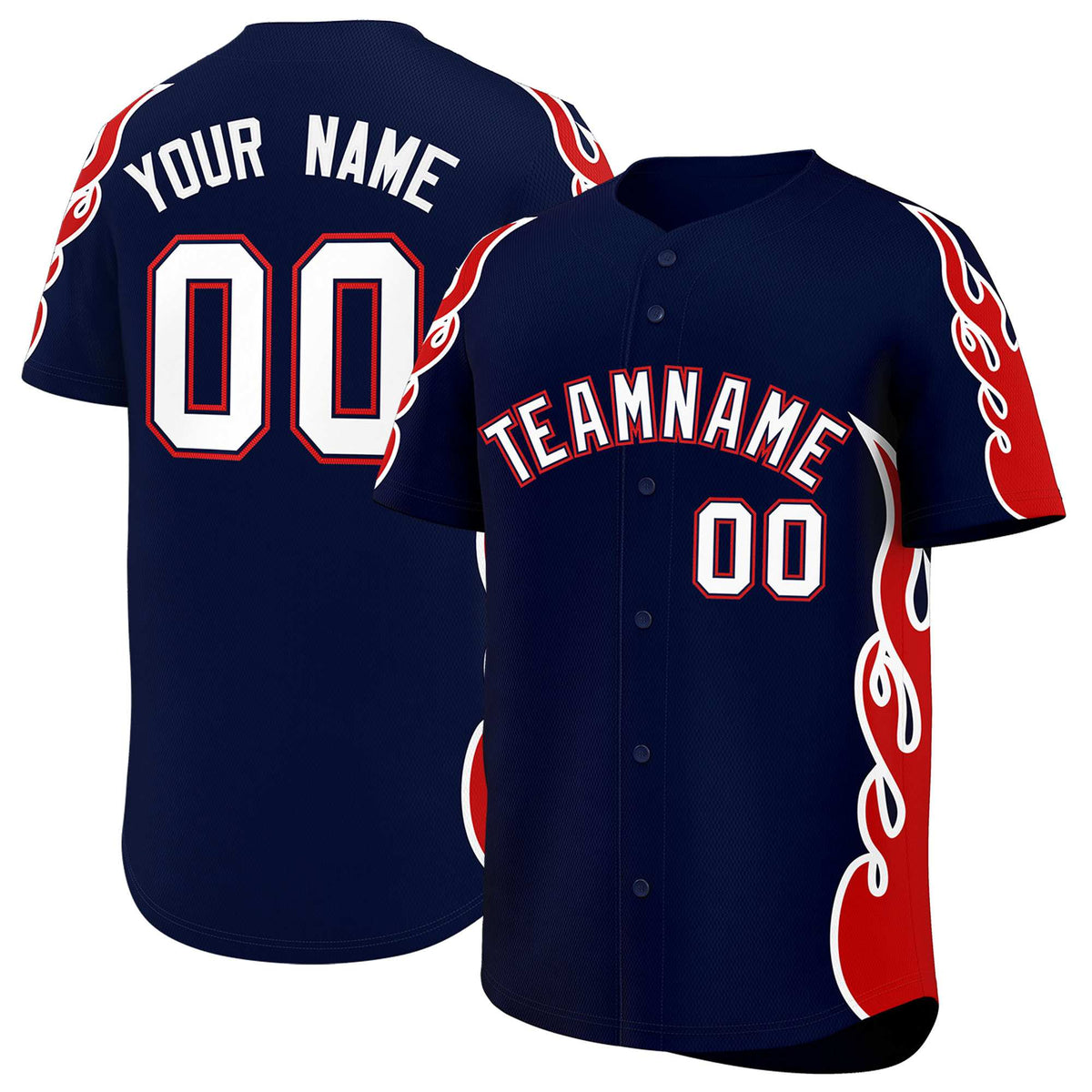 Custom Navy Red Side Flame Outline Pattern Sports Uniform Basetball Jersey