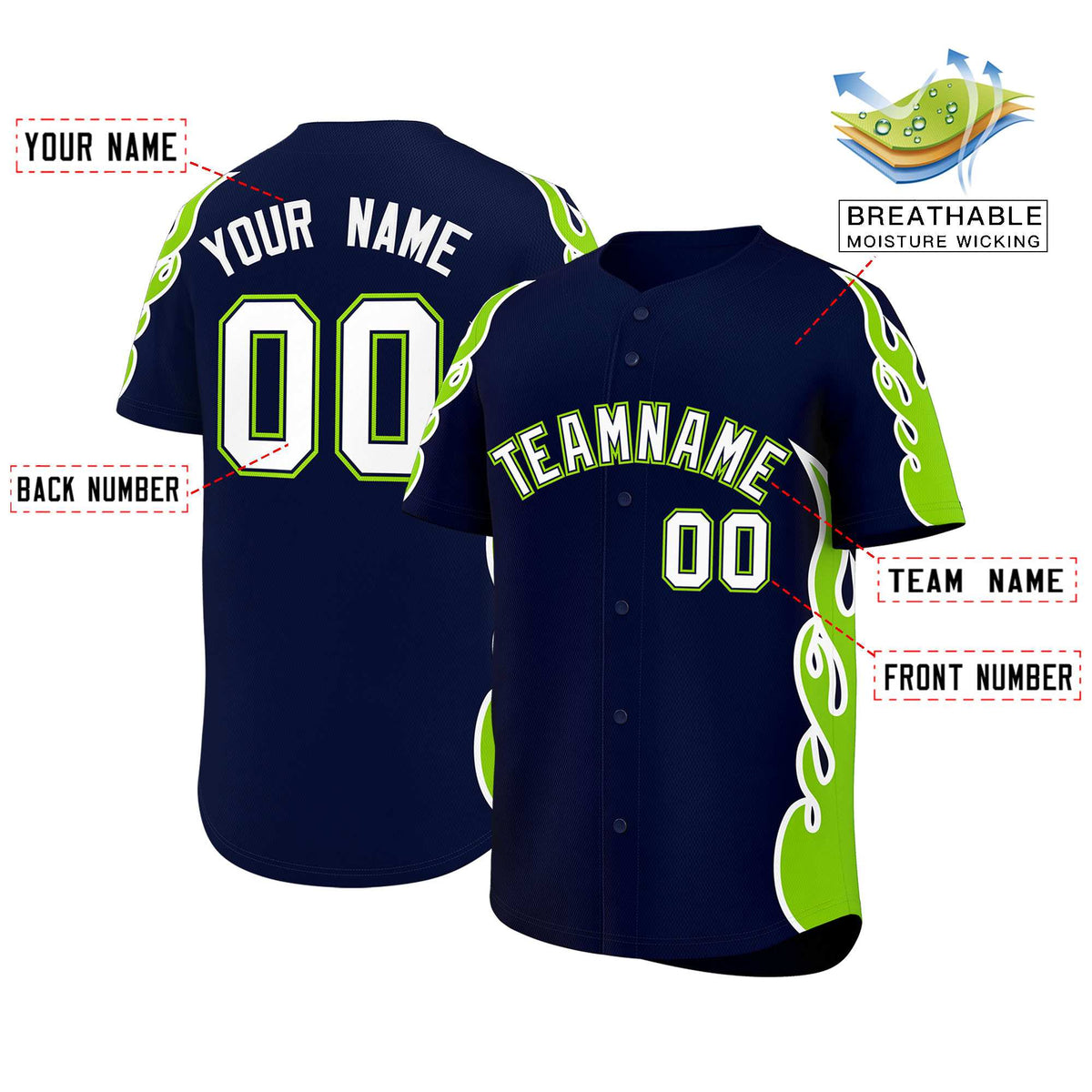 Custom Navy Neon Green Side Flame Outline Pattern Sports Uniform Basetball Jersey