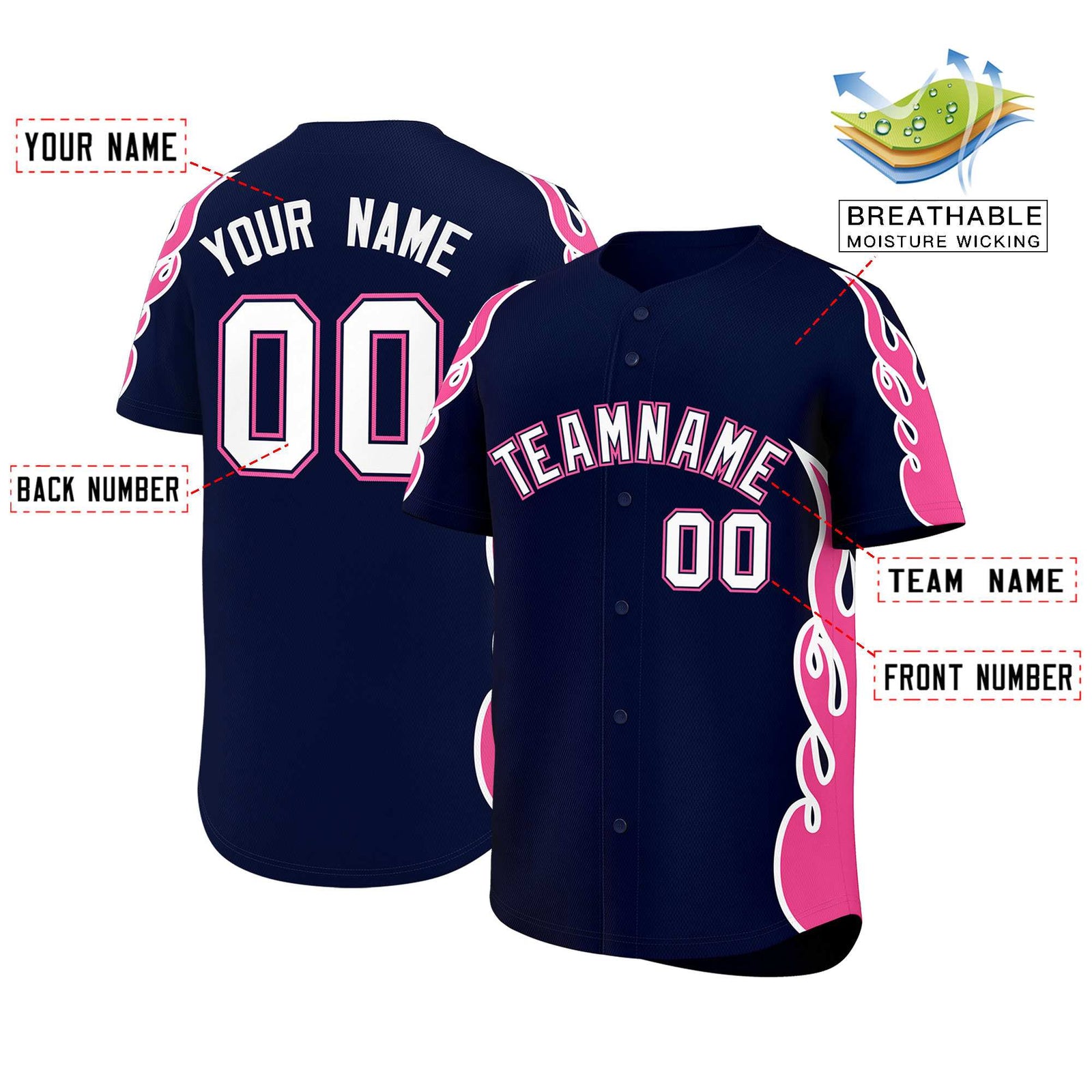 Custom Navy Pink Side Flame Outline Pattern Sports Uniform Basetball Jersey