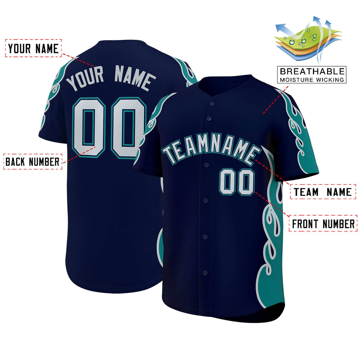 Custom Navy Teal Side Flame Outline Pattern Sports Uniform Basetball Jersey