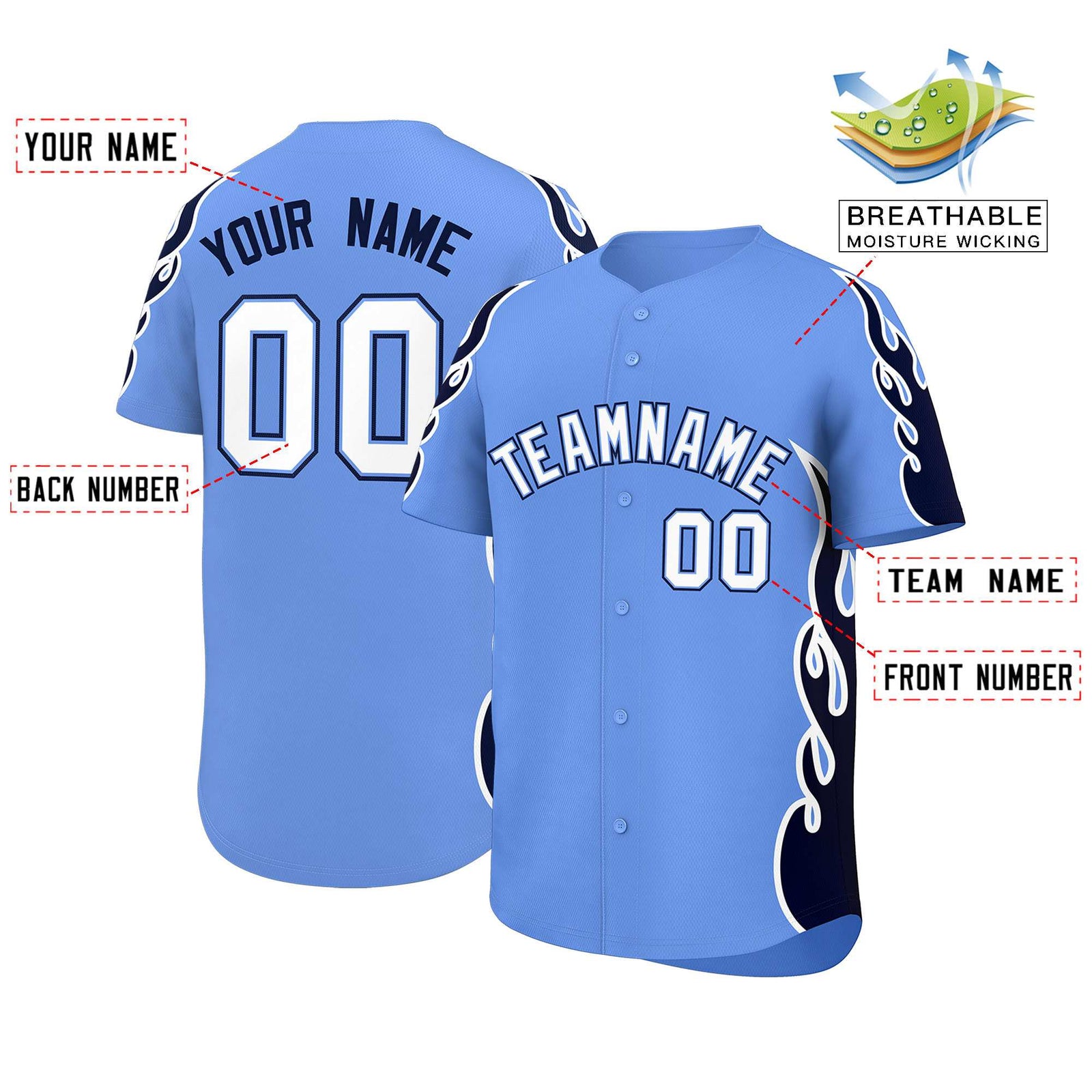 Custom Light Blue Navy Side Flame Outline Pattern Sports Uniform Basetball Jersey