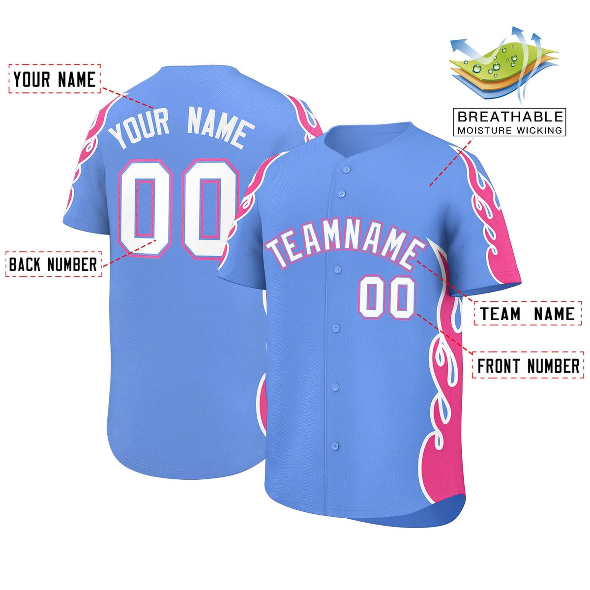 Custom Light Blue Pink Side Flame Outline Pattern Sports Uniform Basetball Jersey