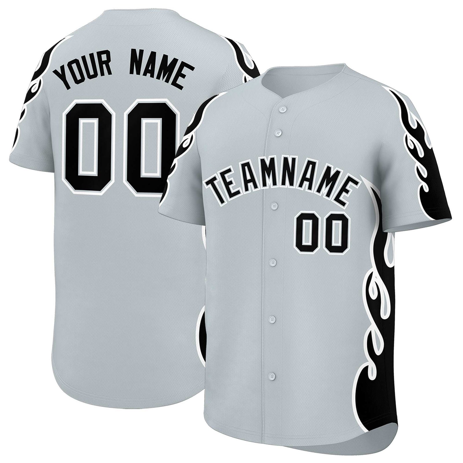 Custom Silver Black Side Flame Outline Pattern Sports Uniform Basetball Jersey