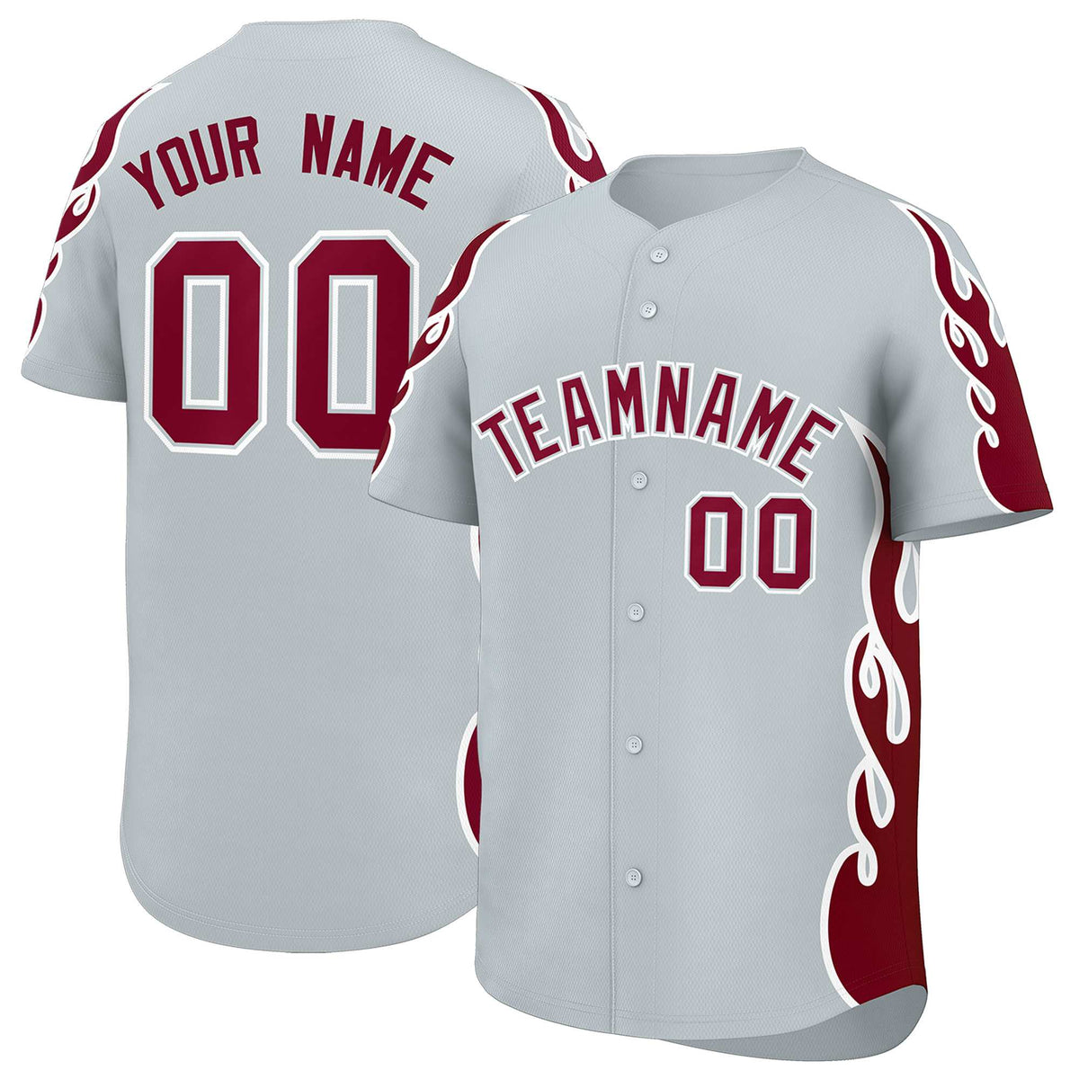 Custom Silver Crimson Side Flame Outline Pattern Sports Uniform Basetball Jersey