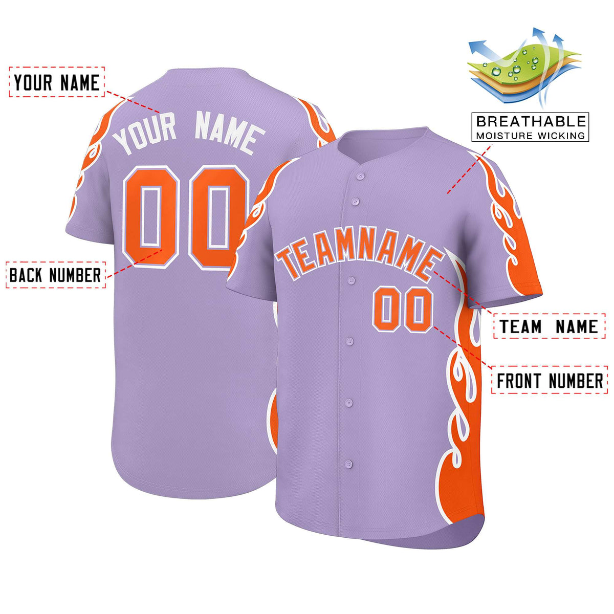 Custom Light Purple Orange Side Flame Outline Pattern Sports Uniform Basetball Jersey