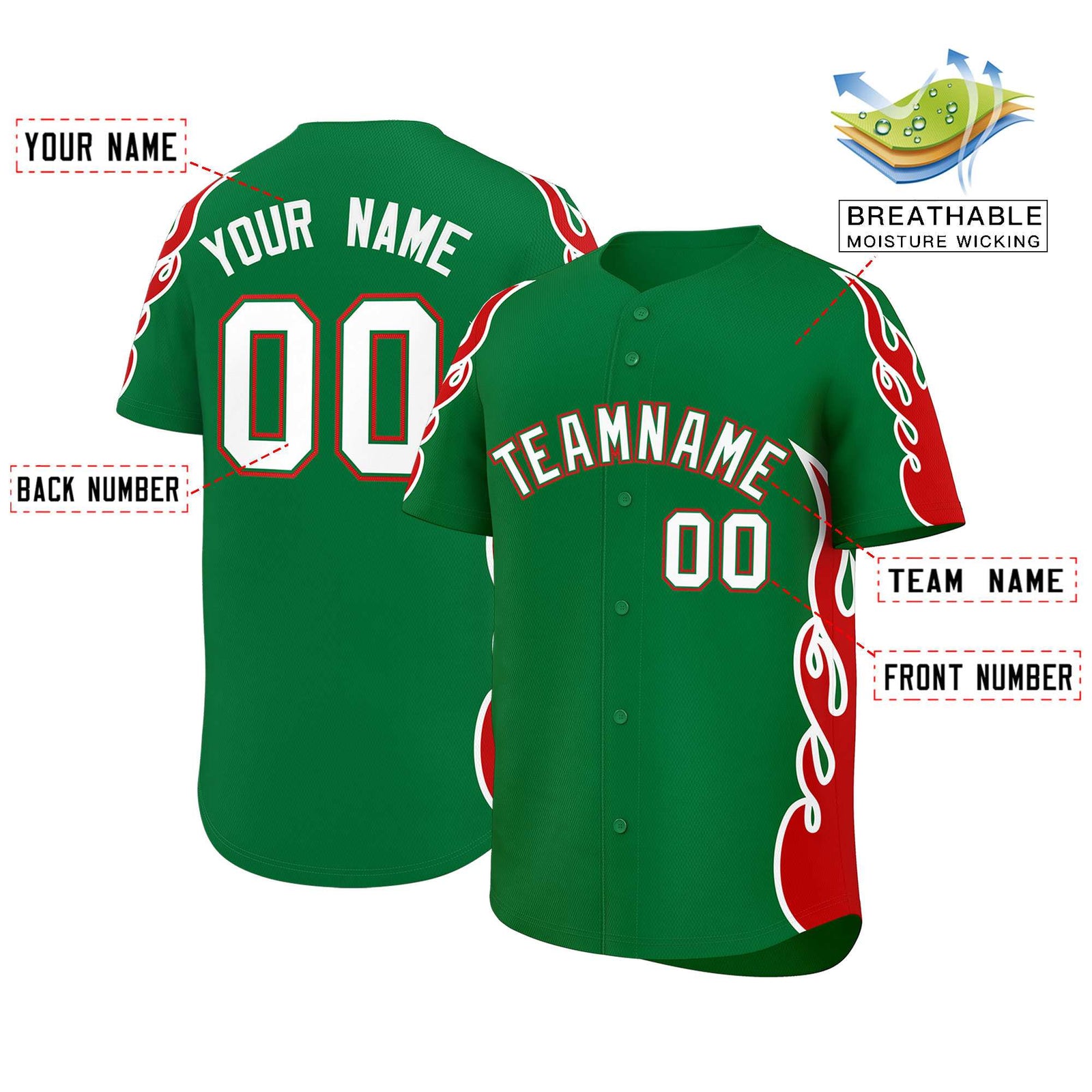 Custom Kelly Green Red Side Flame Outline Pattern Sports Uniform Basetball Jersey