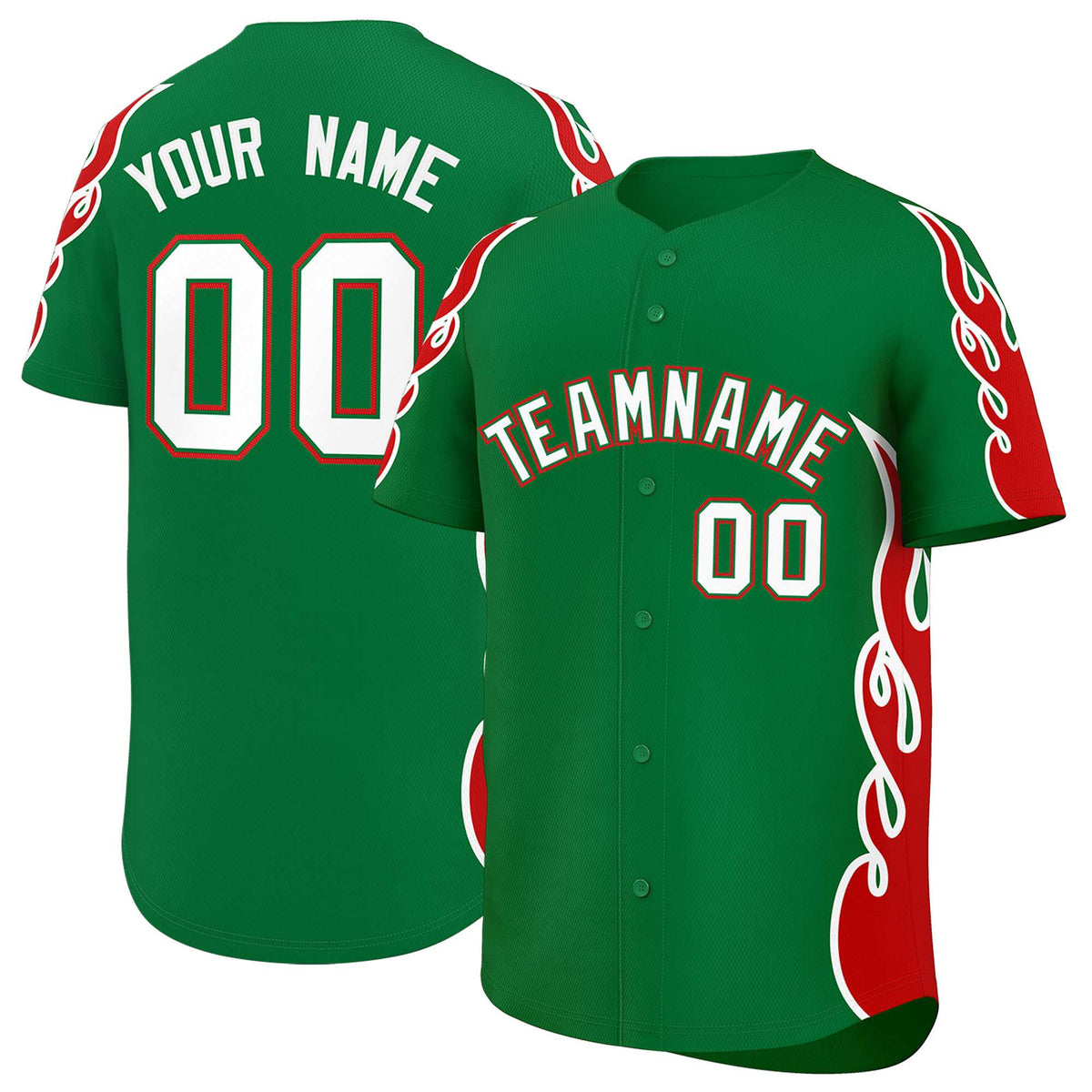 Custom Kelly Green Red Side Flame Outline Pattern Sports Uniform Basetball Jersey