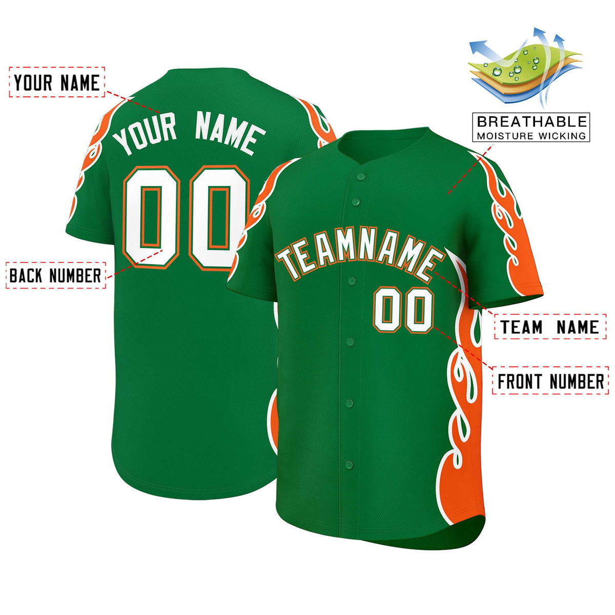 Custom Kelly Green Orange Side Flame Outline Pattern Sports Uniform Basetball Jersey