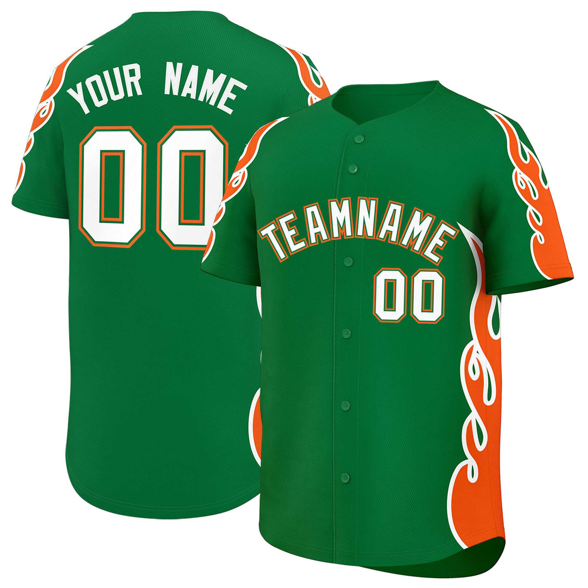 Custom Kelly Green Orange Side Flame Outline Pattern Sports Uniform Basetball Jersey