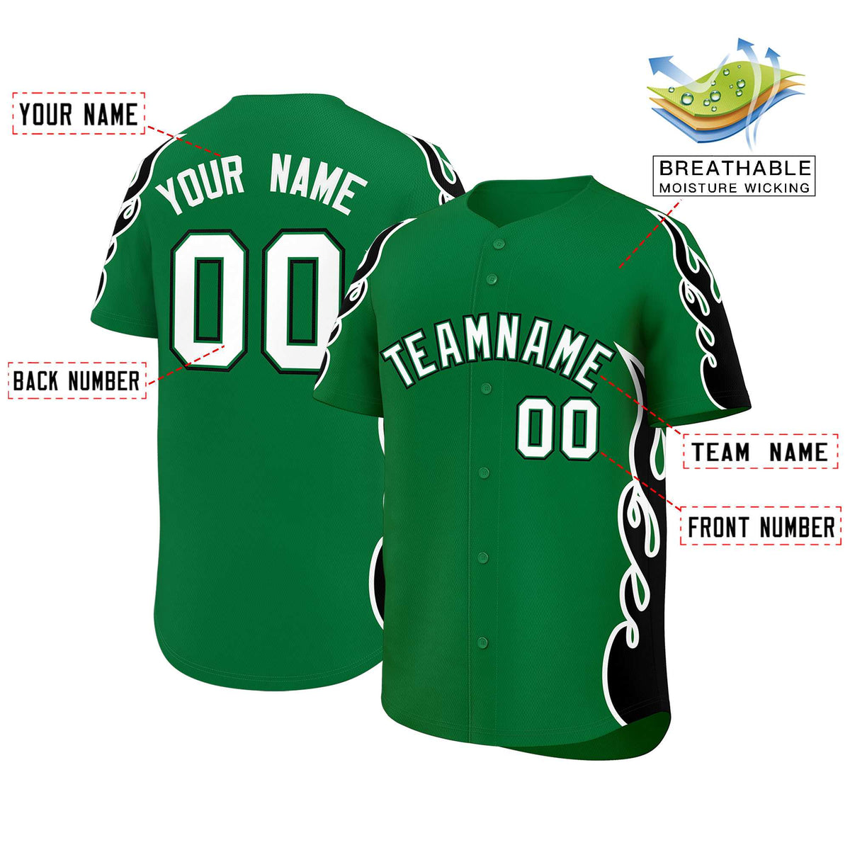 Custom Kelly Green Black Side Flame Outline Pattern Sports Uniform Basetball Jersey