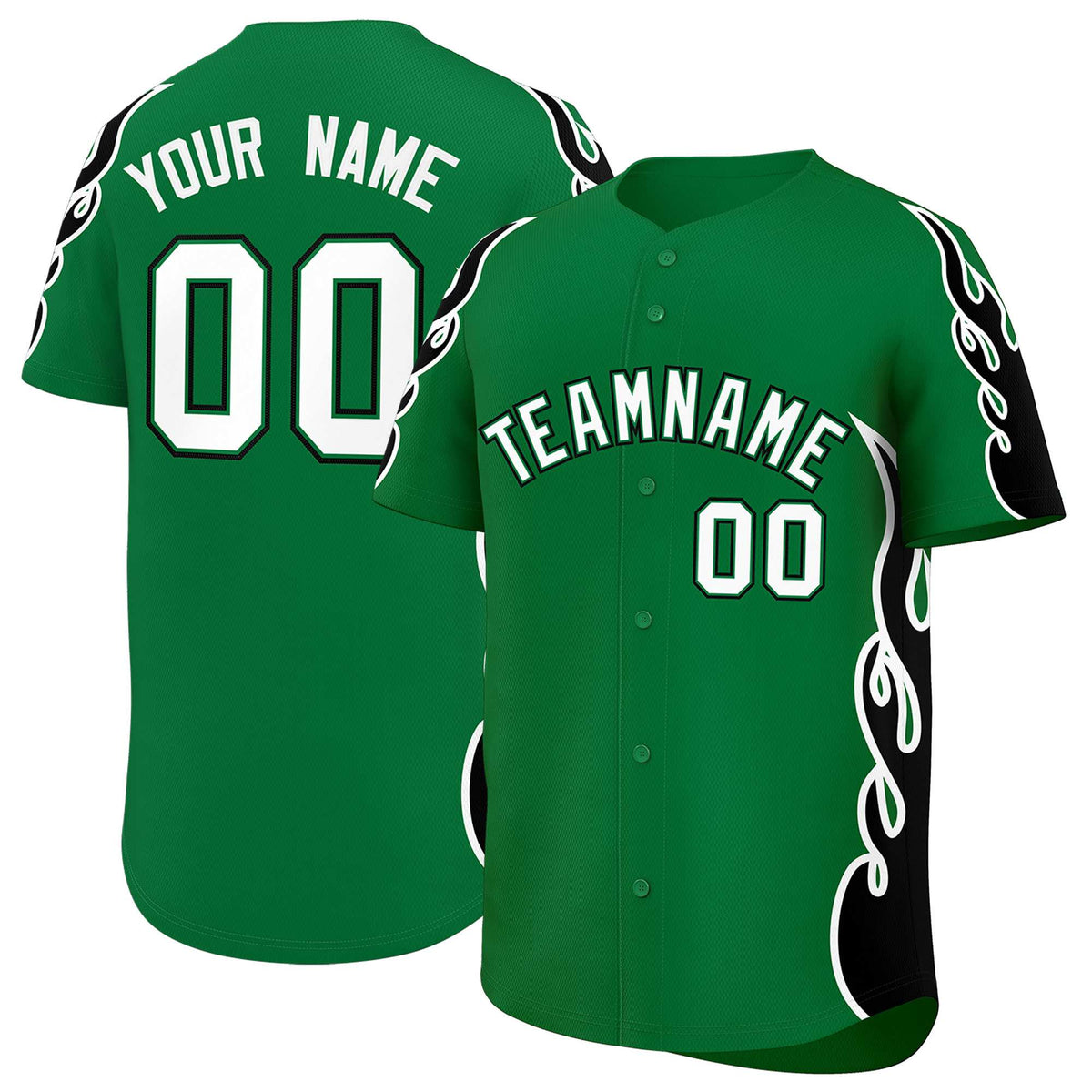Custom Kelly Green Black Side Flame Outline Pattern Sports Uniform Basetball Jersey