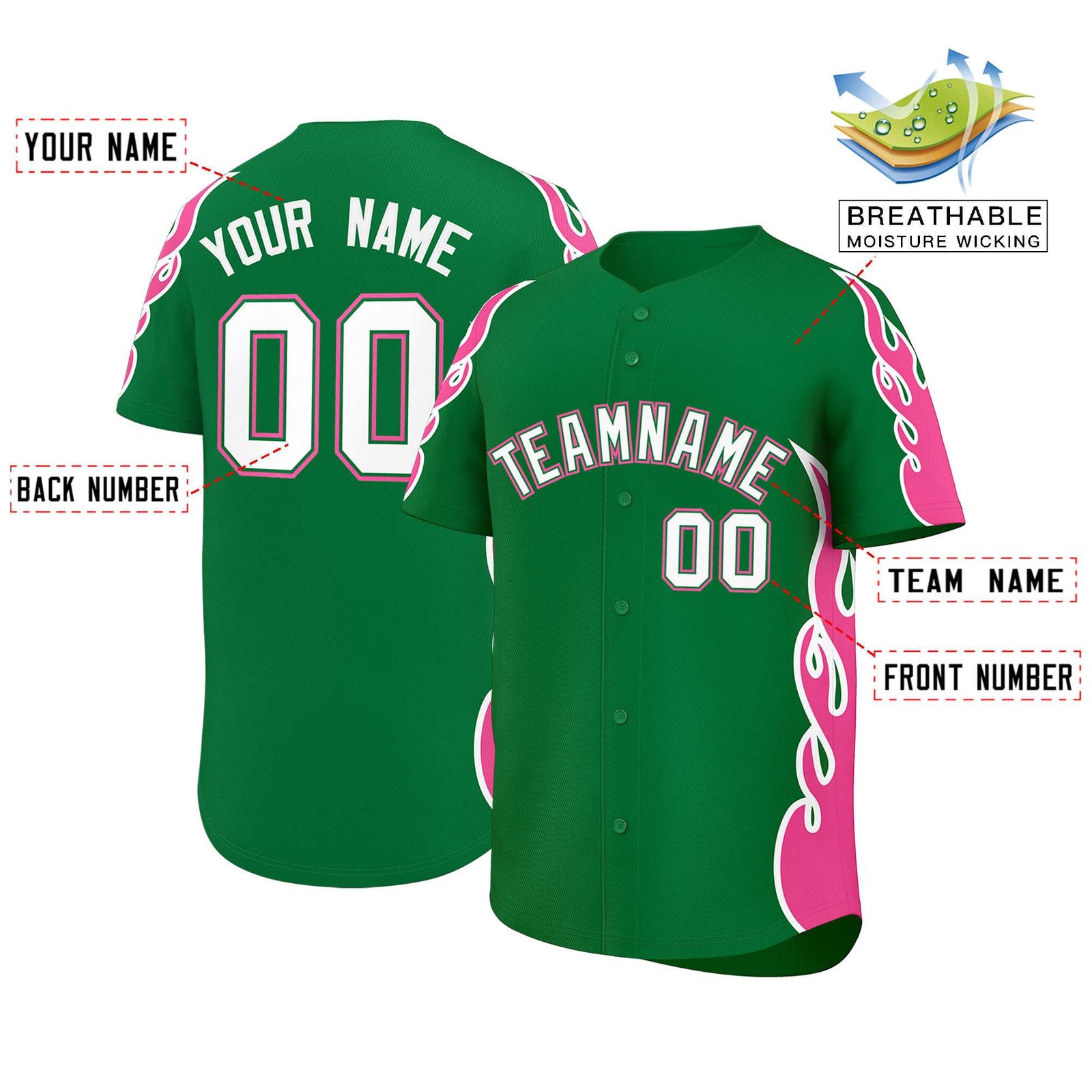 Custom Kelly Green Pink Side Flame Outline Pattern Sports Uniform Basetball Jersey