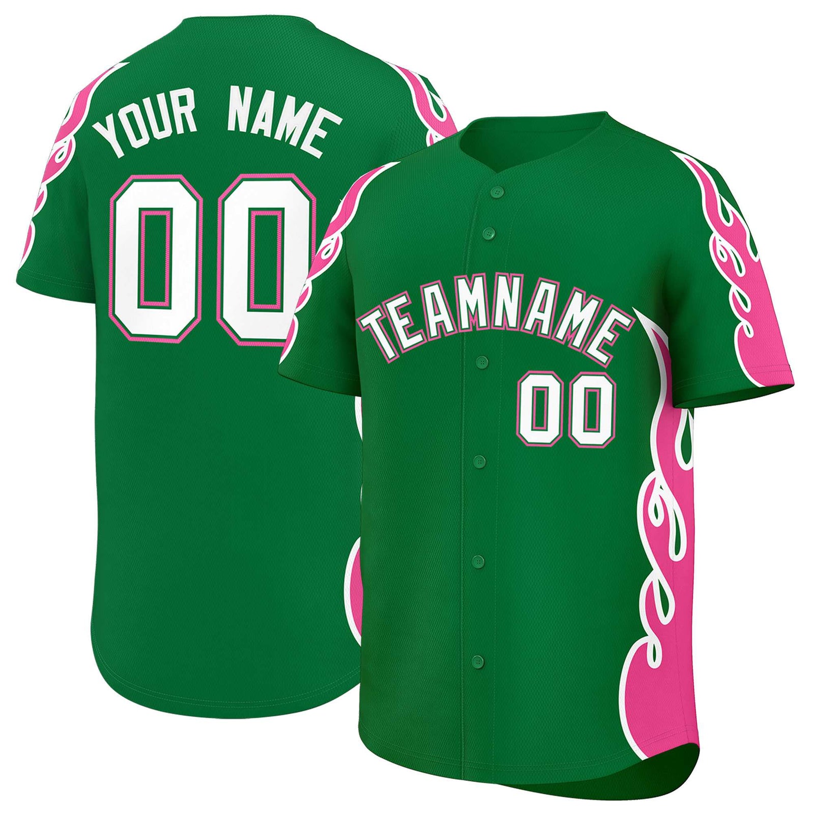 Custom Kelly Green Pink Side Flame Outline Pattern Sports Uniform Basetball Jersey
