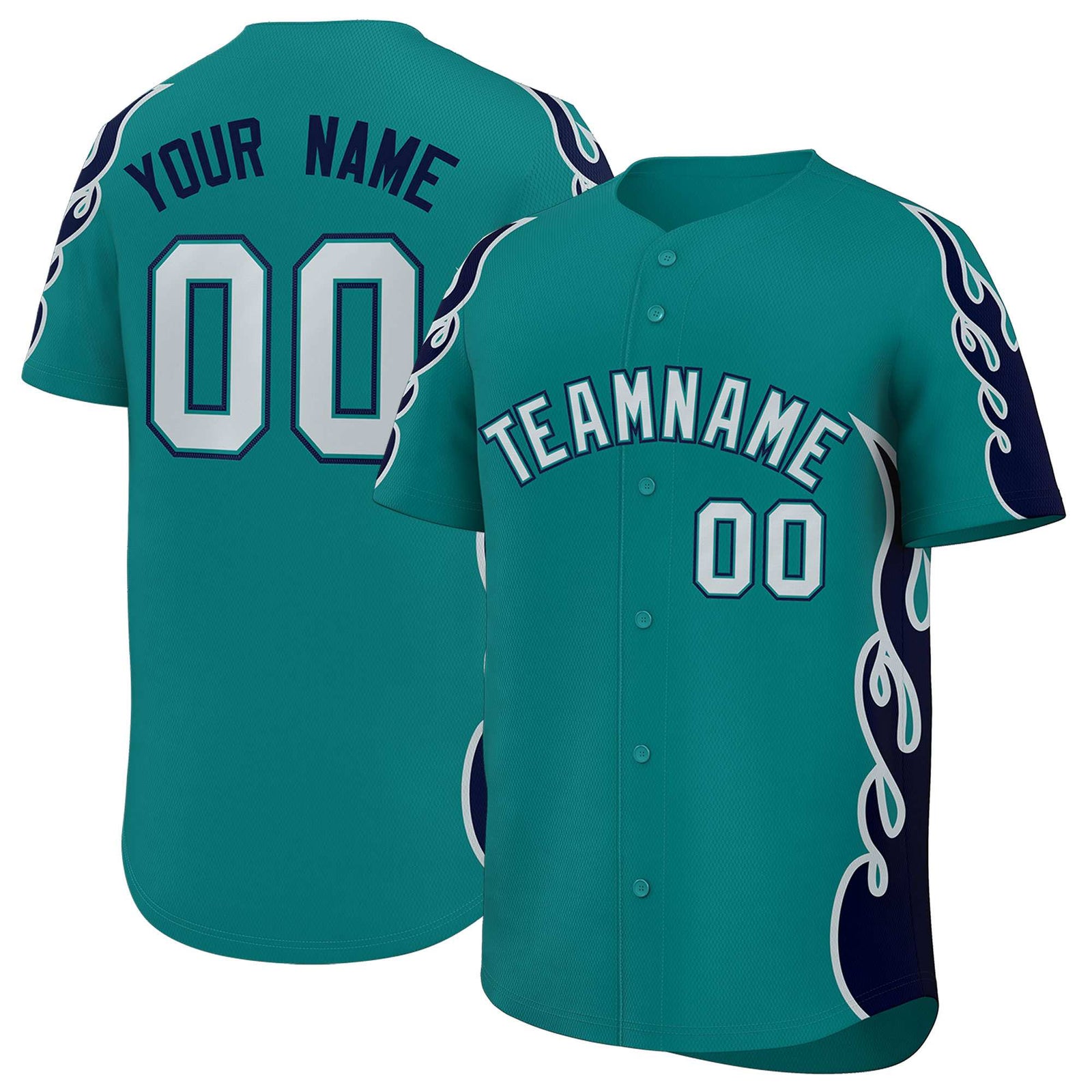 Custom Teal Navy Side Flame Outline Pattern Sports Uniform Basetball Jersey