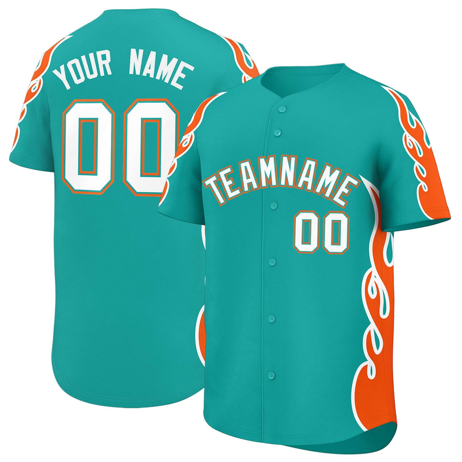 Custom Aqua Orange Side Flame Outline Pattern Sports Uniform Basetball Jersey