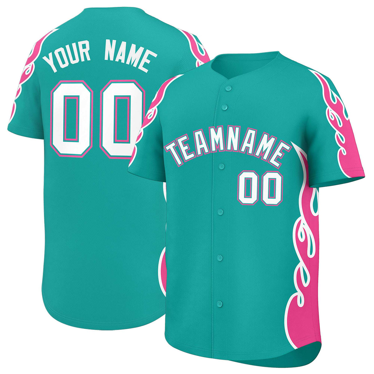 Custom Aqua Pink Side Flame Outline Pattern Sports Uniform Basetball Jersey