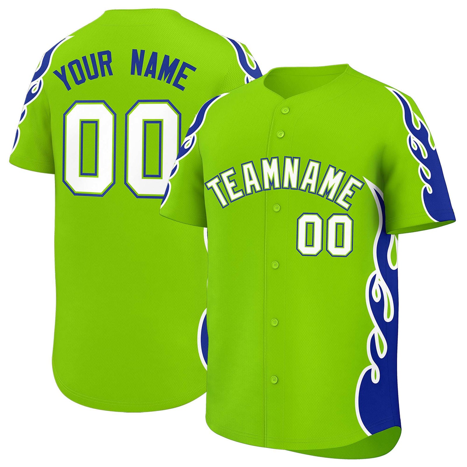 Custom Neon Green Royal Side Flame Outline Pattern Sports Uniform Basetball Jersey