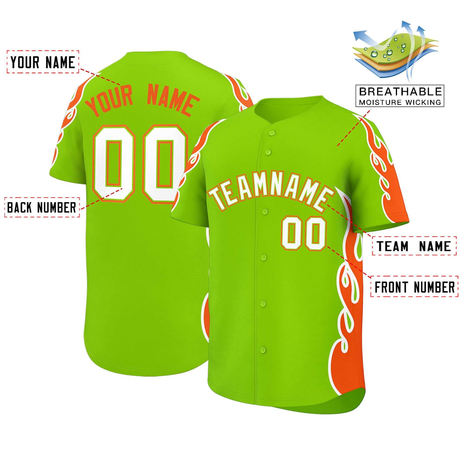 Custom Neon Green Orange Side Flame Outline Pattern Sports Uniform Basetball Jersey