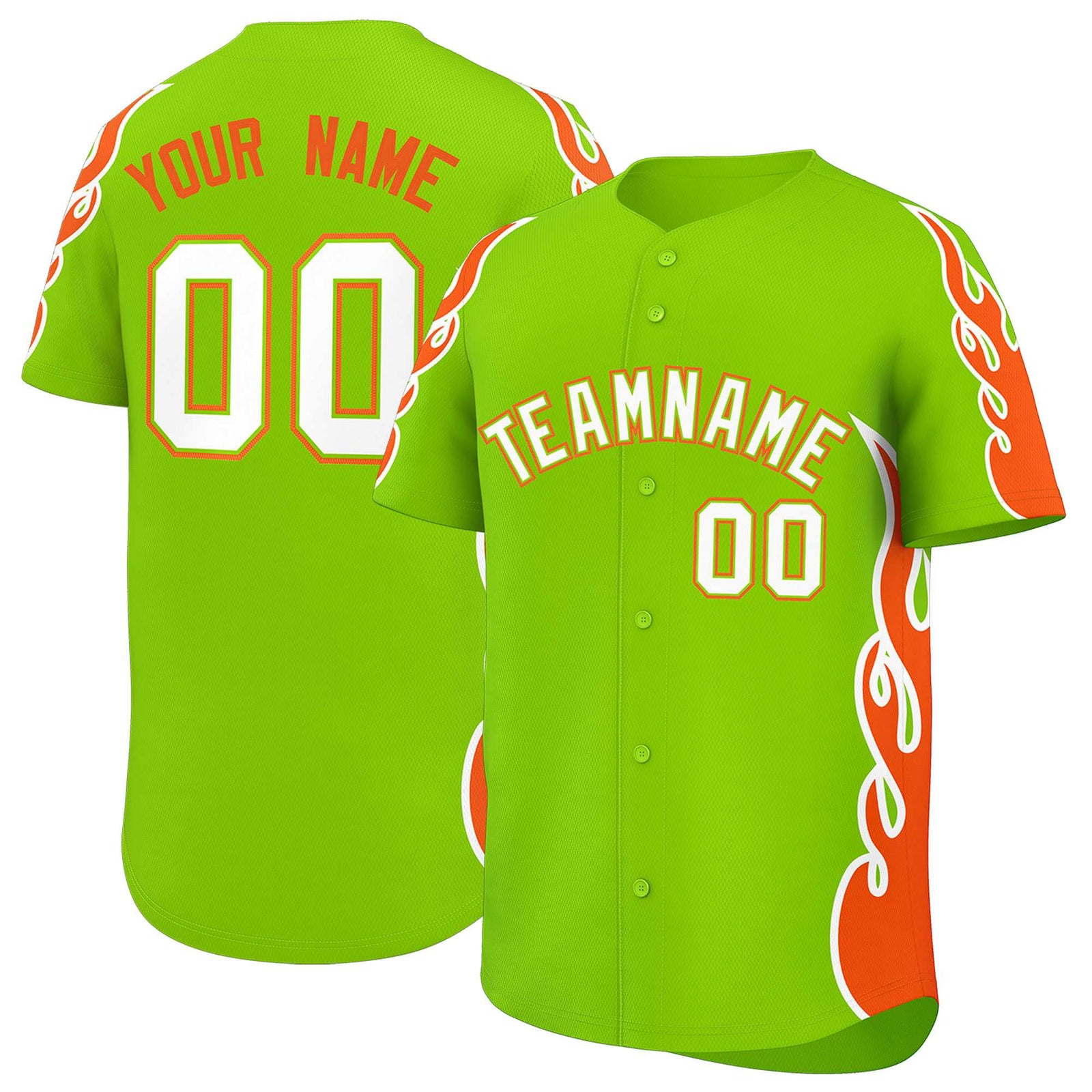 Custom Neon Green Orange Side Flame Outline Pattern Sports Uniform Basetball Jersey