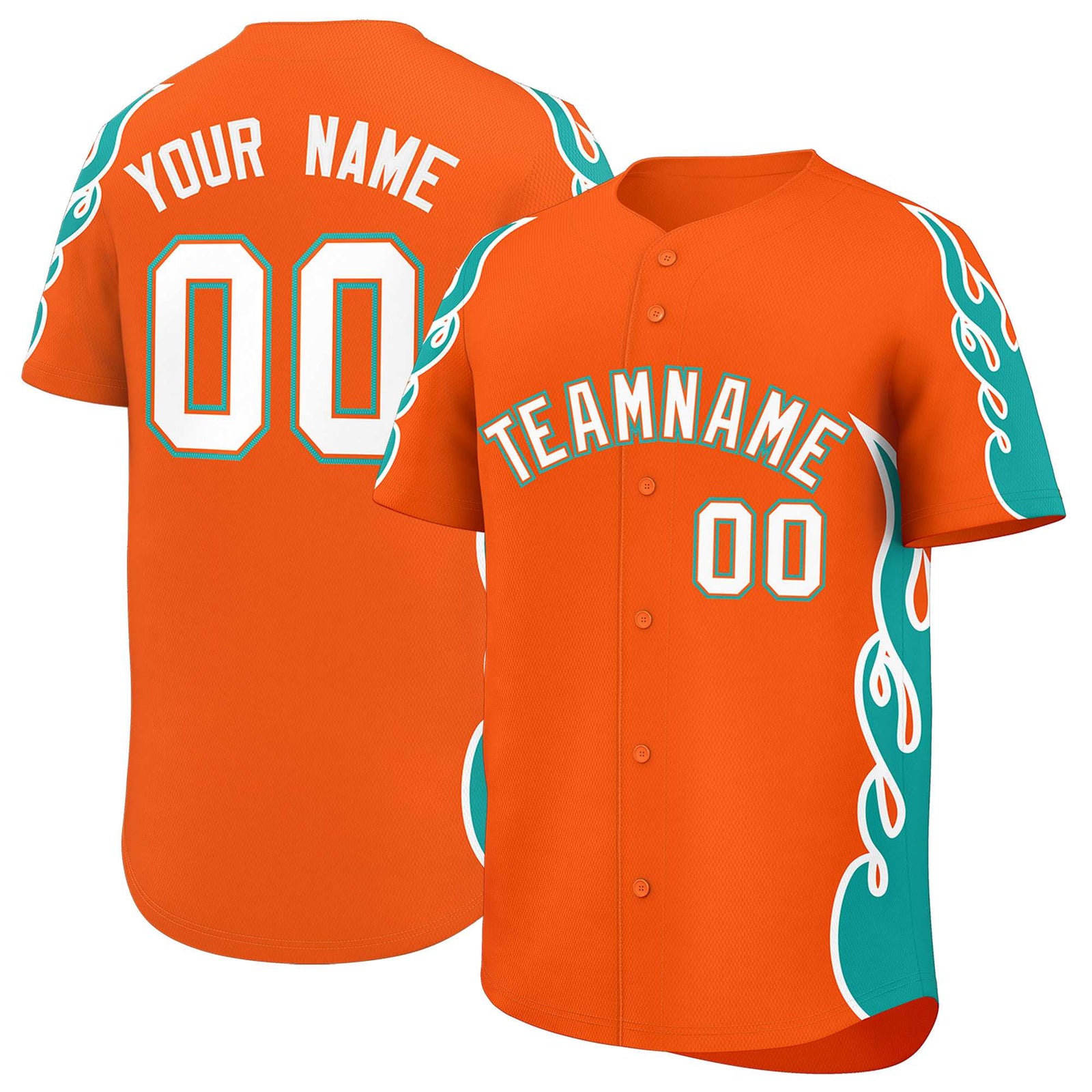 Custom Orange Aqua Side Flame Outline Pattern Sports Uniform Basetball Jersey