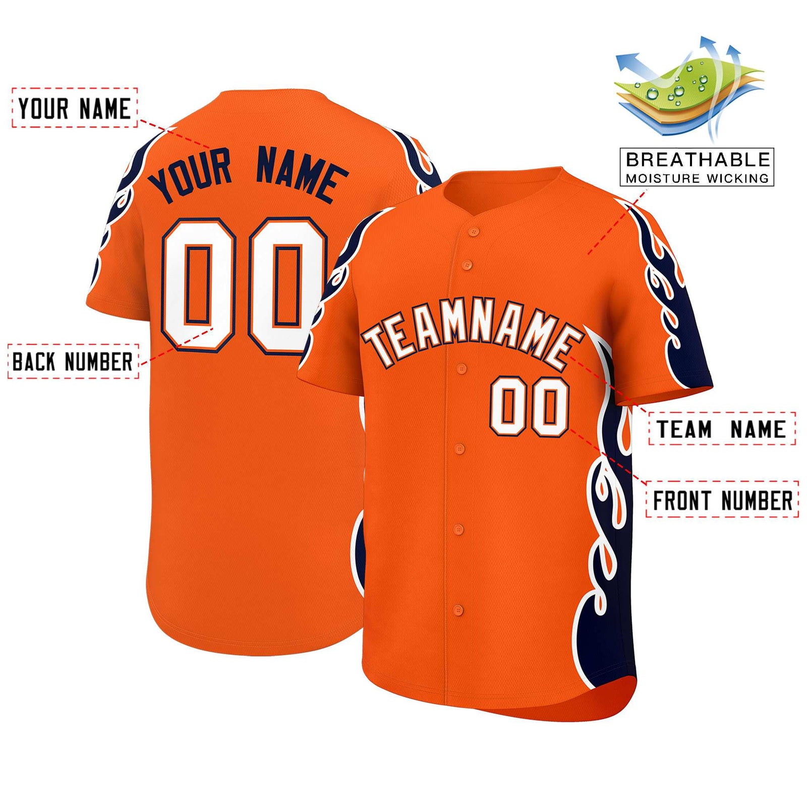 Custom Orange Navy Side Flame Outline Pattern Sports Uniform Basetball Jersey