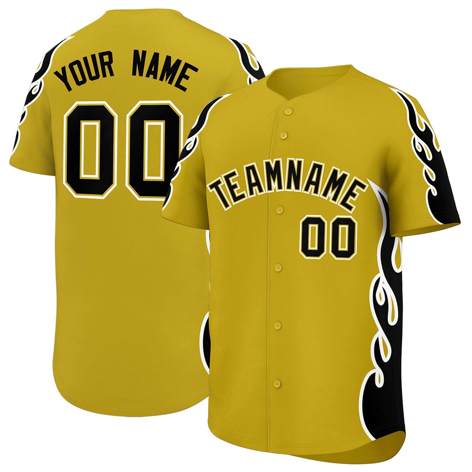 Custom Old Gold Black Side Flame Outline Pattern Sports Uniform Basetball Jersey