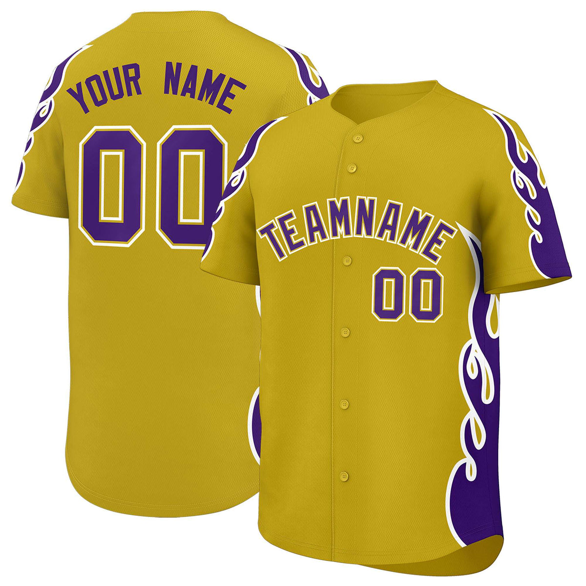Custom Old Gold Purple Side Flame Outline Pattern Sports Uniform Basetball Jersey