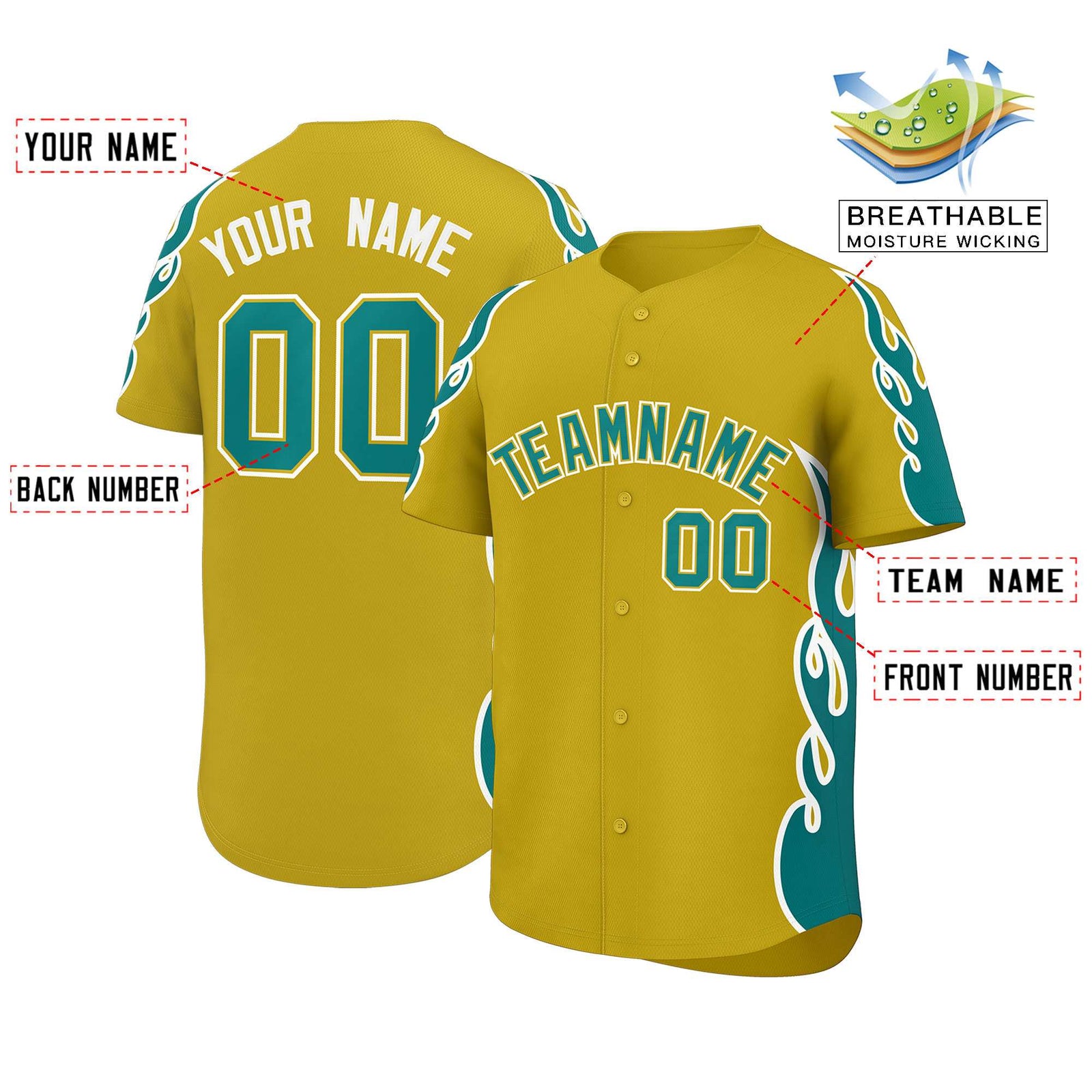 Custom Old Gold Teal Side Flame Outline Pattern Sports Uniform Basetball Jersey