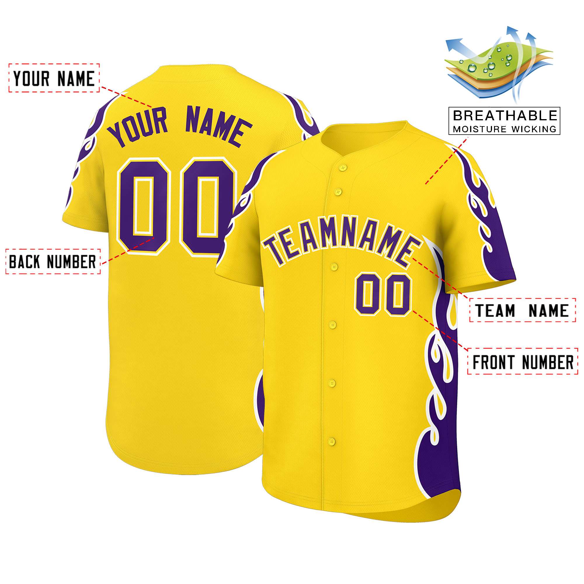 Custom Gold Purple Side Flame Outline Pattern Sports Uniform Basetball Jersey