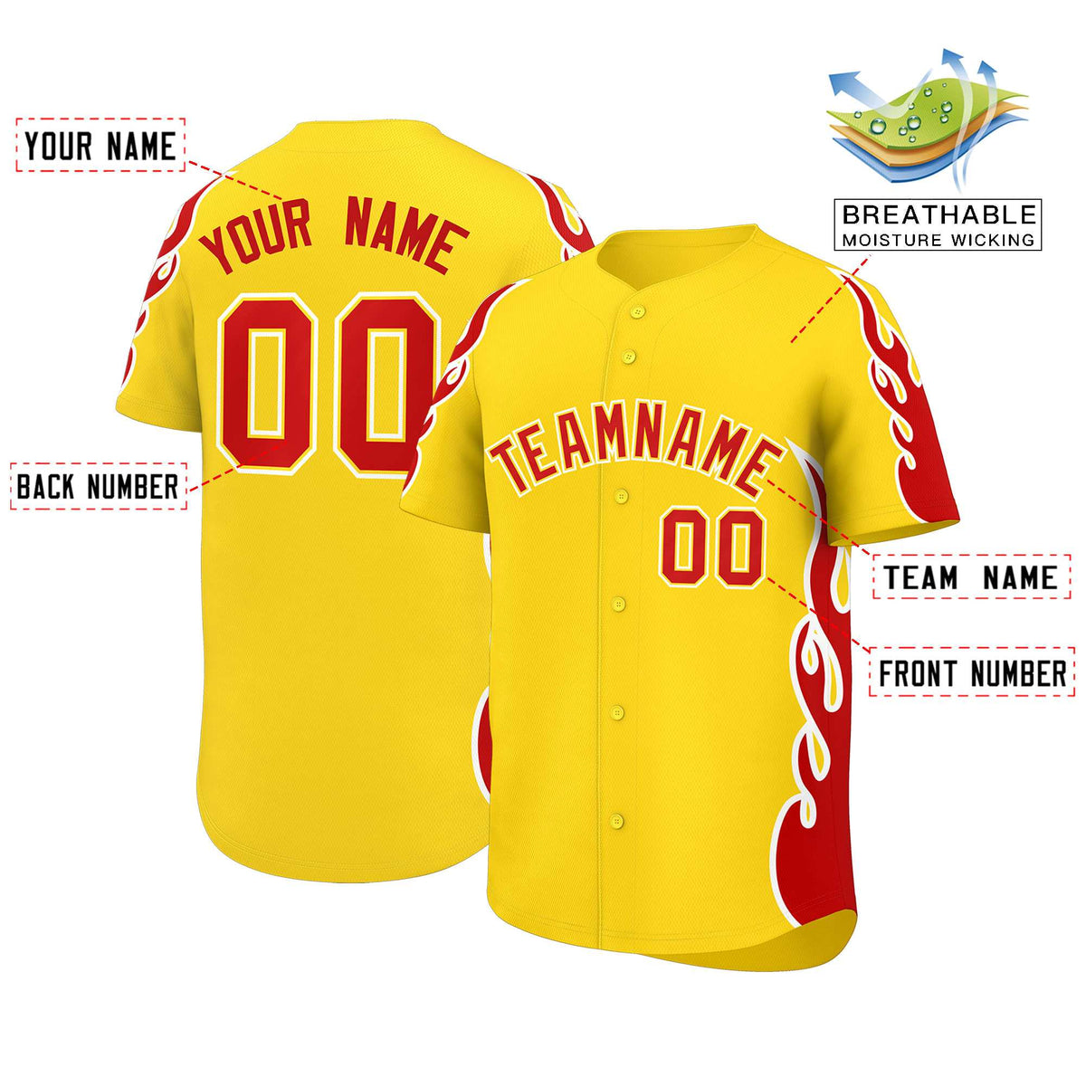 Custom Gold Red Side Flame Outline Pattern Sports Uniform Basetball Jersey
