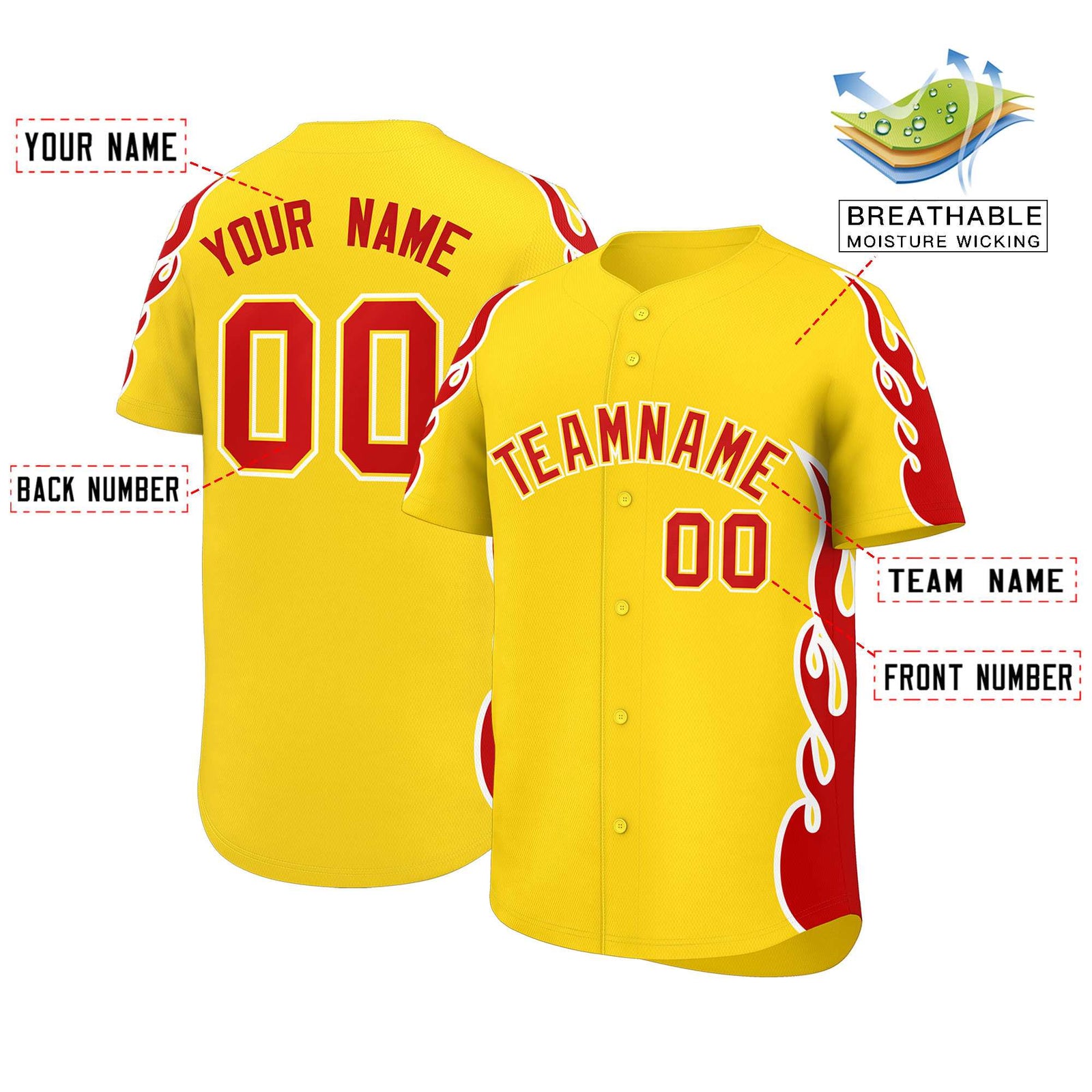 Custom Gold Red Side Flame Outline Pattern Sports Uniform Basetball Jersey