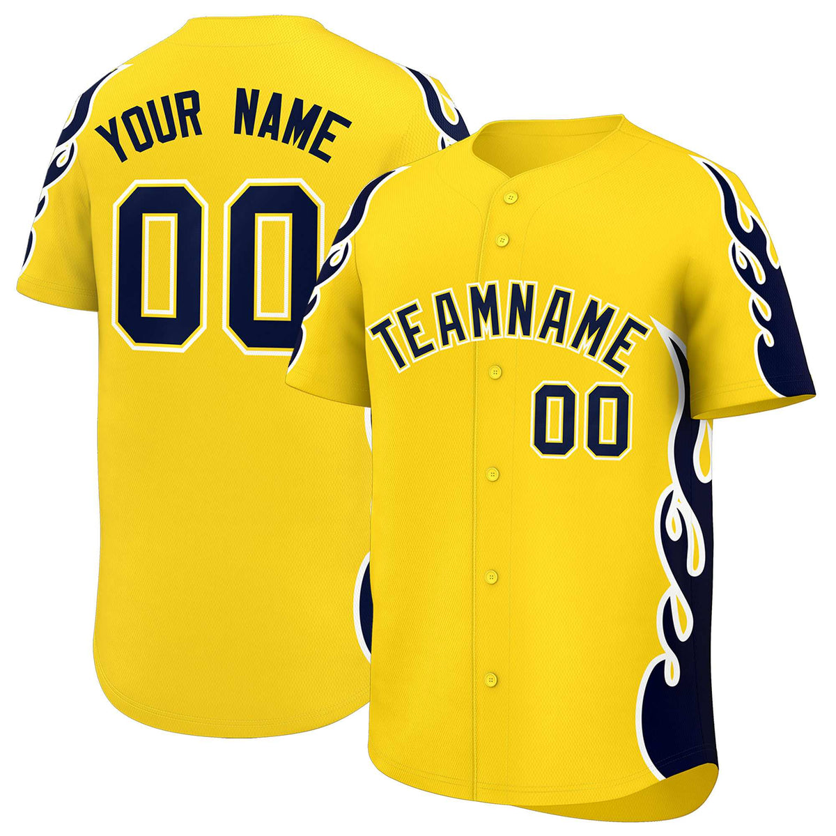 Custom Gold Navy Side Flame Outline Pattern Sports Uniform Basetball Jersey