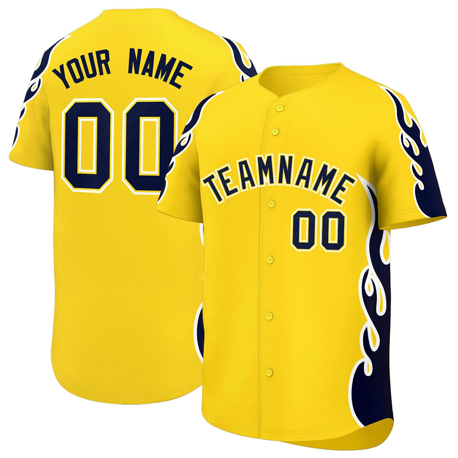 Custom Gold Navy Side Flame Outline Pattern Sports Uniform Basetball Jersey