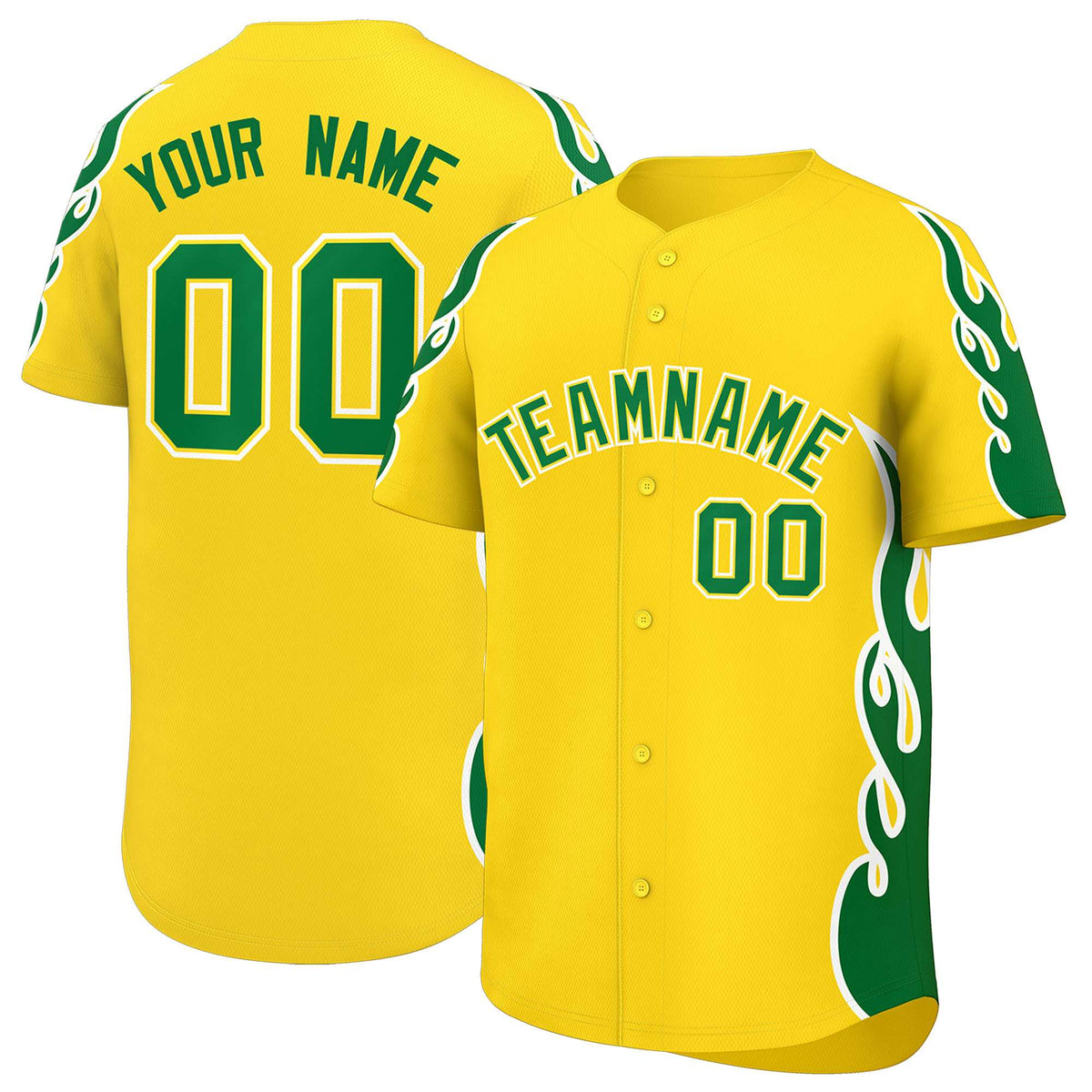 Custom Gold Kelly Green Side Flame Outline Pattern Sports Uniform Basetball Jersey