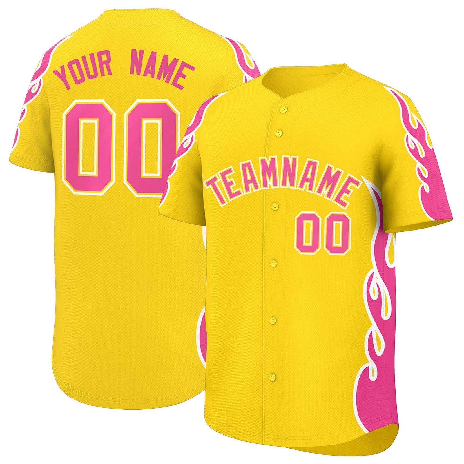 Custom Gold Pink Side Flame Outline Pattern Sports Uniform Basetball Jersey