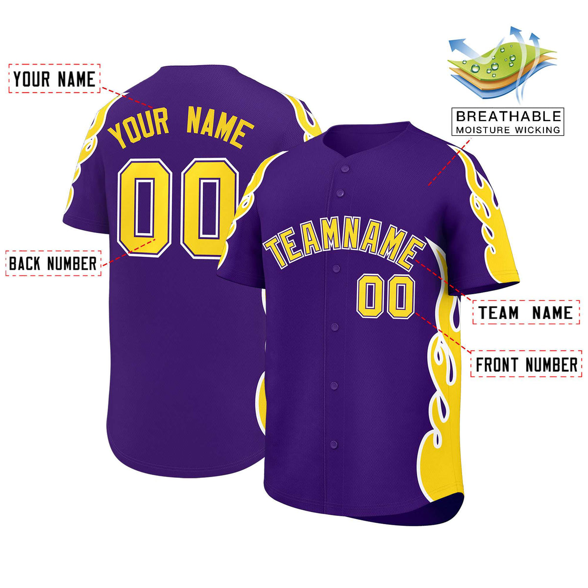 Custom Purple Gold Side Flame Outline Pattern Sports Uniform Basetball Jersey