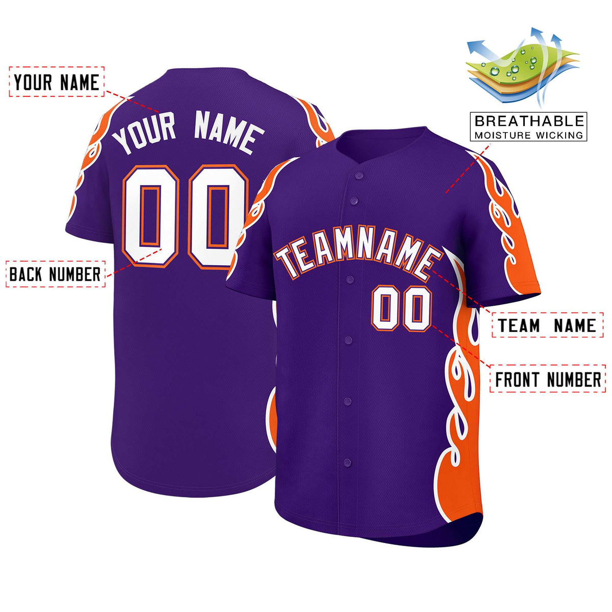 Custom Purple Orange Side Flame Outline Pattern Sports Uniform Basetball Jersey