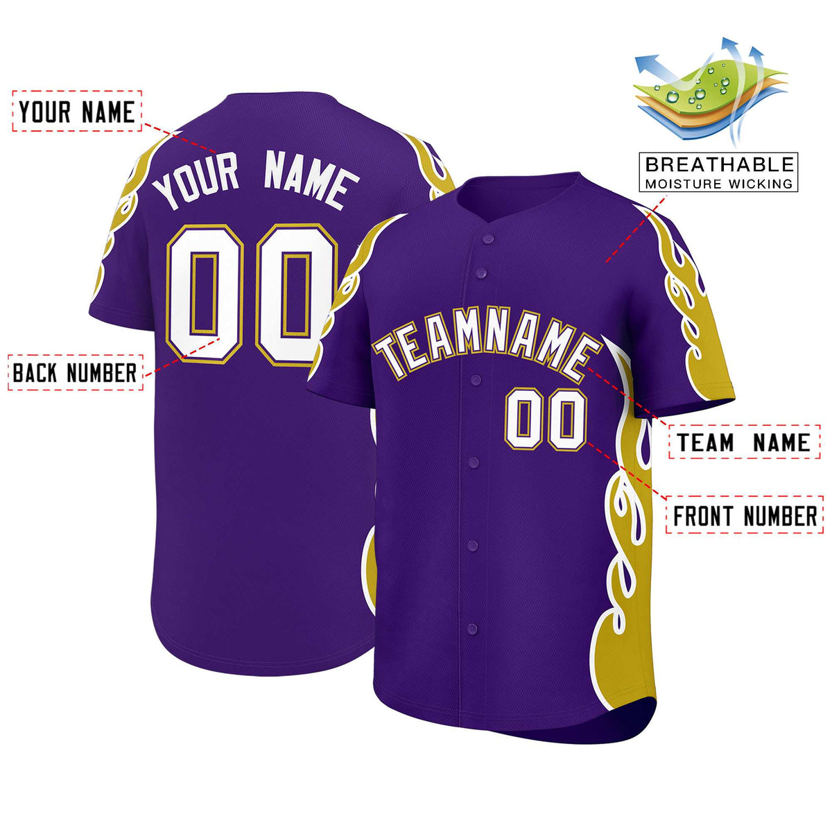 Custom Purple Old Gold Side Flame Outline Pattern Sports Uniform Basetball Jersey
