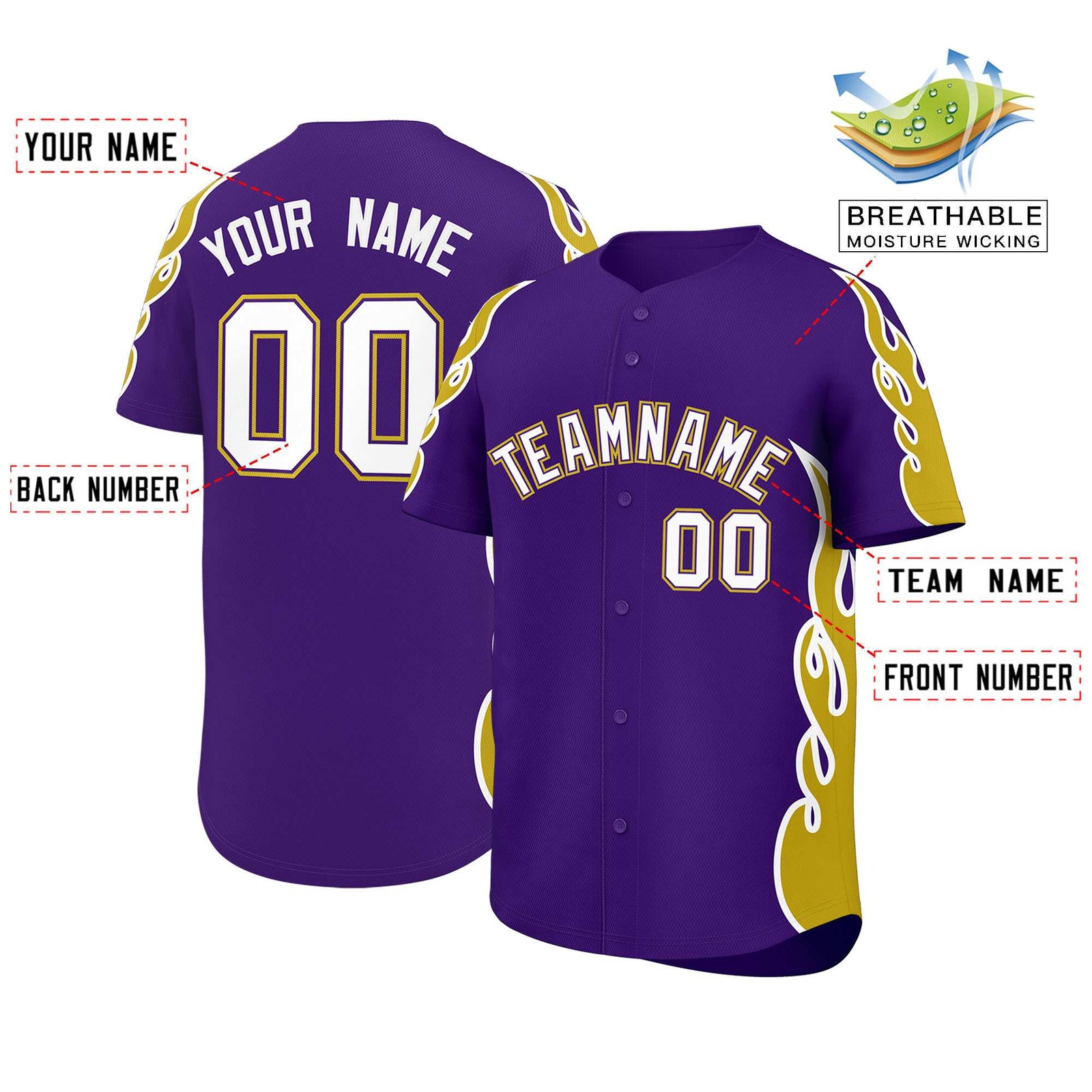 Custom Purple Old Gold Side Flame Outline Pattern Sports Uniform Basetball Jersey