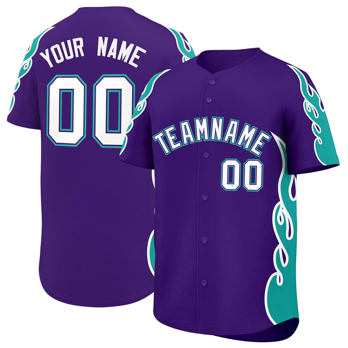 Custom Purple Aqua Side Flame Outline Pattern Sports Uniform Basetball Jersey