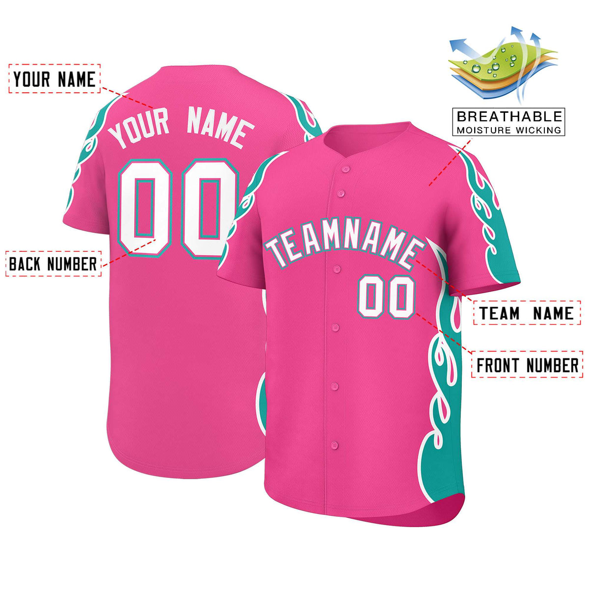 Custom Pink Aqua Side Flame Outline Pattern Sports Uniform Basetball Jersey