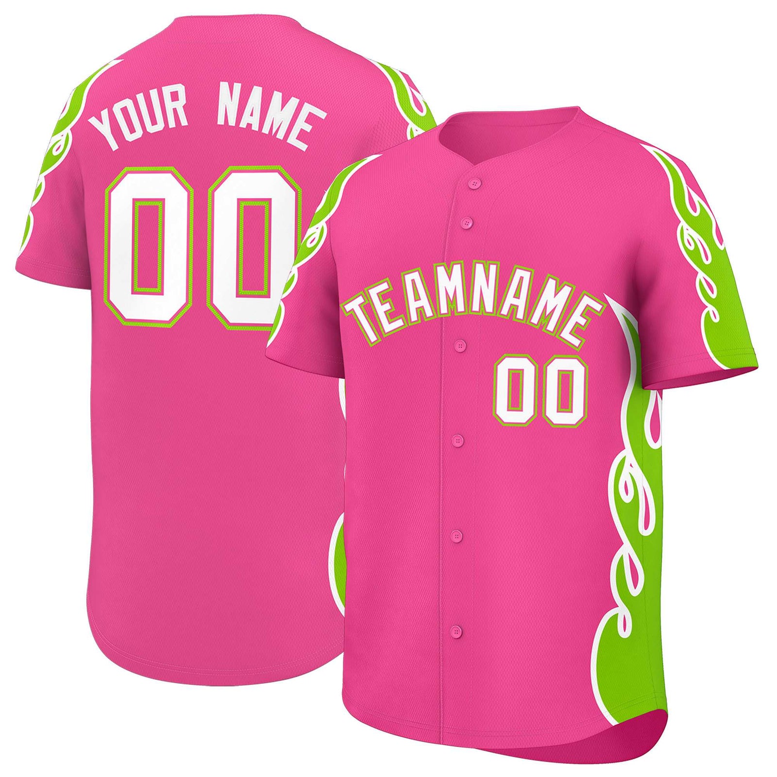 Custom Pink Neon Green Side Flame Outline Pattern Sports Uniform Basetball Jersey