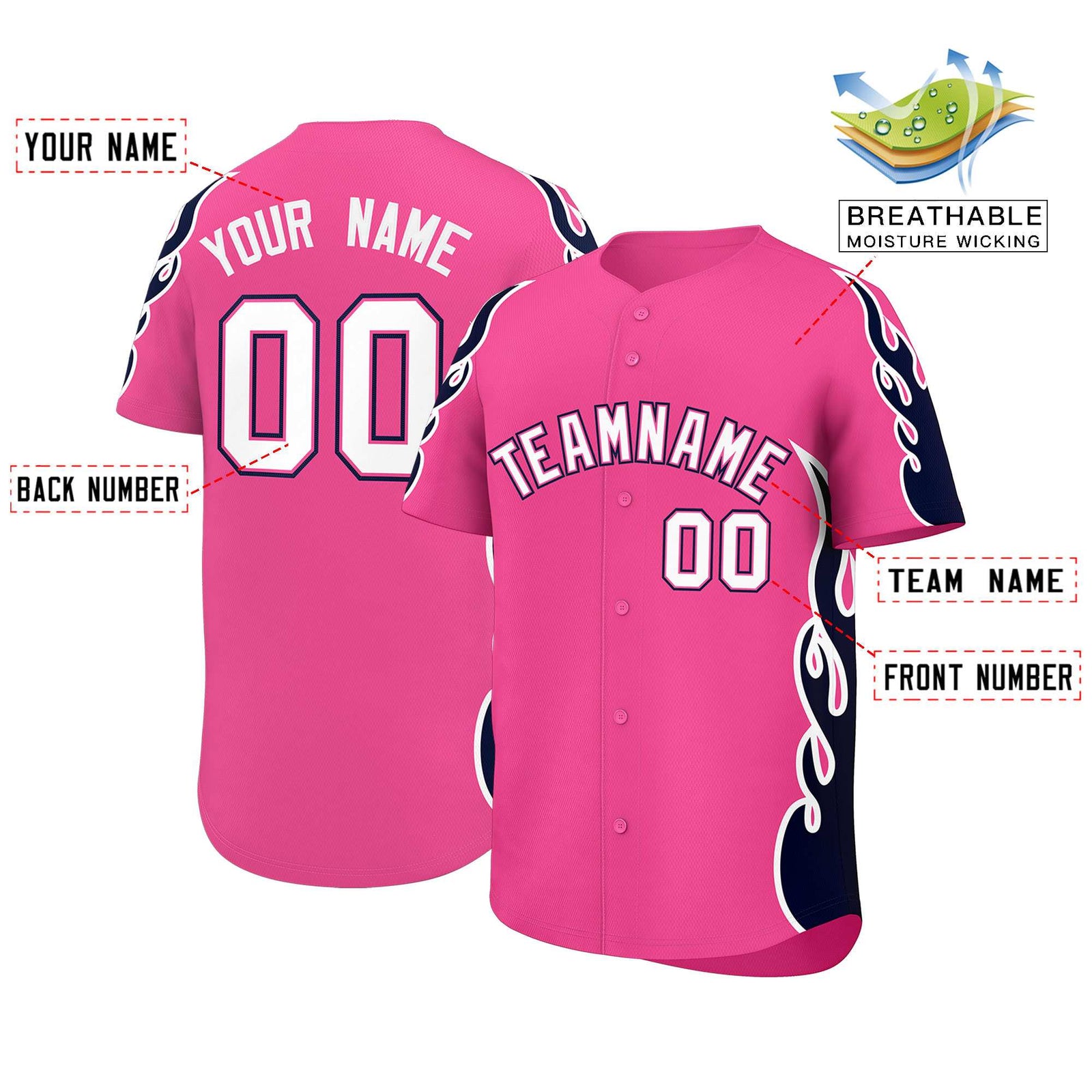 Custom Pink Navy Side Flame Outline Pattern Sports Uniform Basetball Jersey