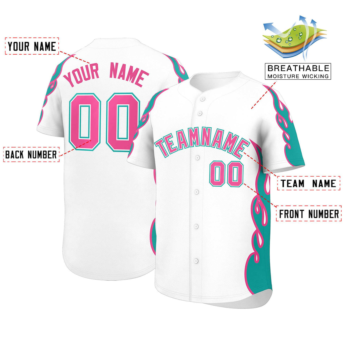 Custom White Aqua Side Flame Outline Pattern Sports Uniform Basetball Jersey