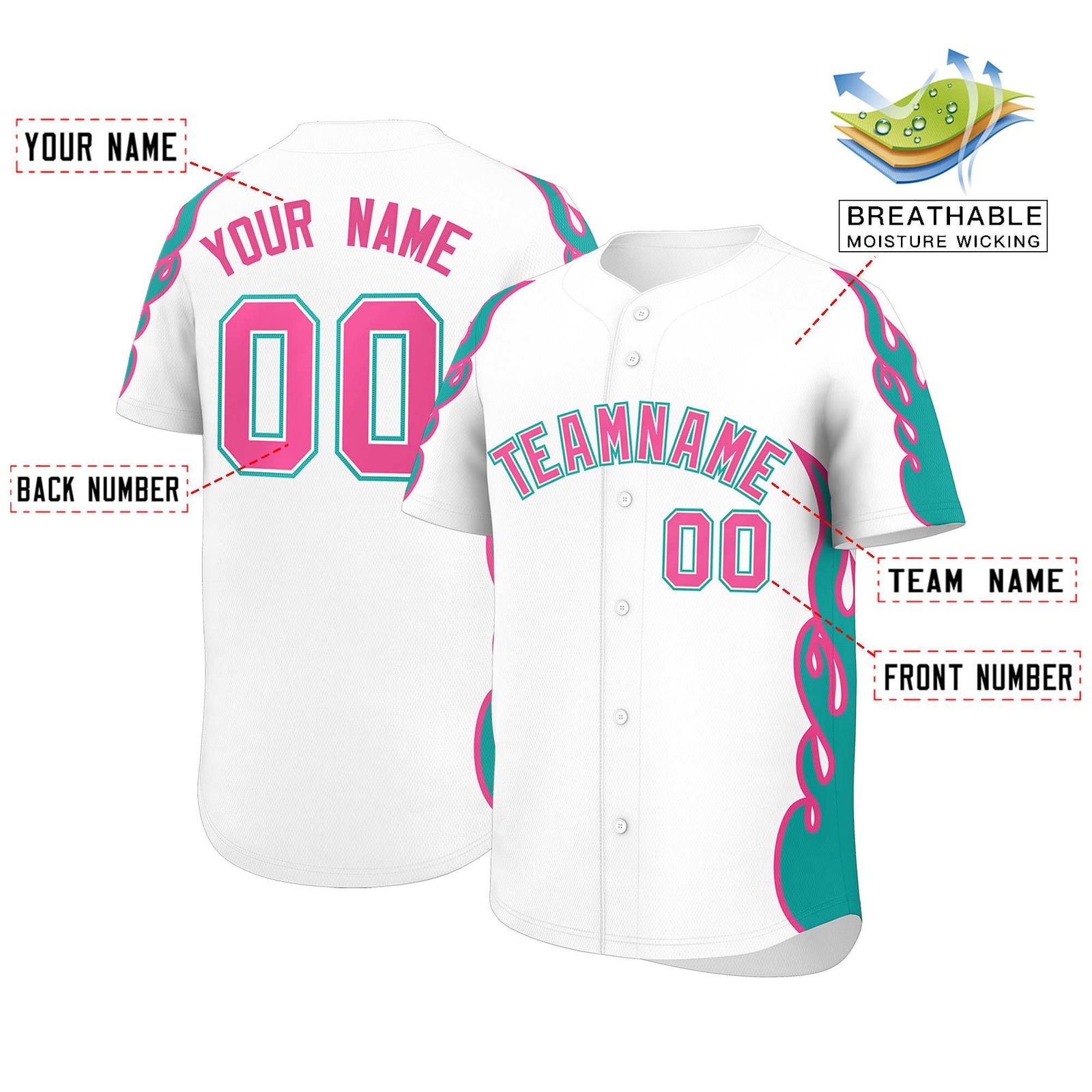 Custom White Aqua Side Flame Outline Pattern Sports Uniform Basetball Jersey