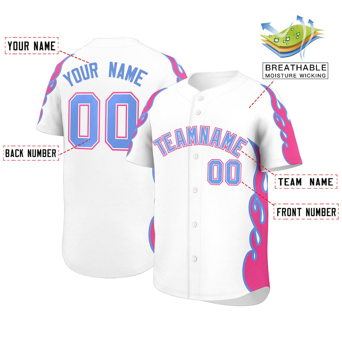 Custom White Pink Side Flame Outline Pattern Sports Uniform Basetball Jersey